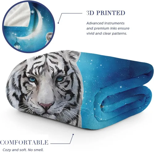 Miniatura 5 de Manta de Forro Polar de 50"x40", Suave, Acogedora, Cálida, Manta de Franela de Felpa Difusa, Tigre Blanco Siberiano Bajo la Noche Estrellada Azul