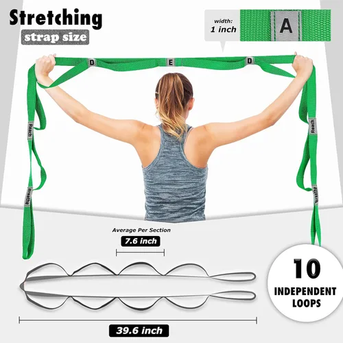 Miniatura 20 de Correa elástica para yoga, no elástica, con letras y comentarios, 10 bucles para terapia física, ejercicio, pilates, baile, gimnasia