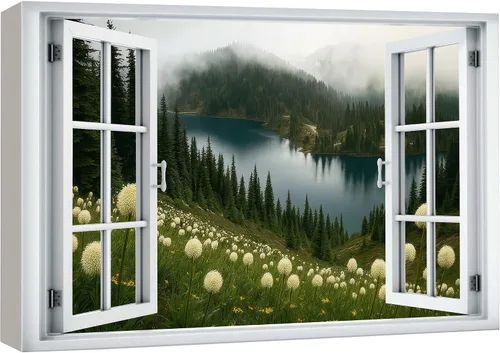 Miniatura 32 de wall26 - Cuadro en lienzo para pared, vista de ventana, río neón turquesa, rápido, bosque, lago, arroyo, naturaleza salvaje, fotografía, realismo