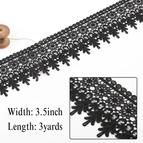 Miniatura 2 de Cinta de encaje bordado floral negro de 3.5 pulgadas de ancho - Cinta de encaje Venecia de 3 yardas para costura, vestido de novia, decoración