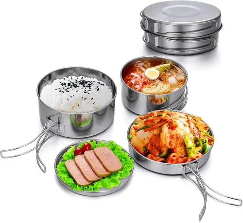 Lixada Juego de utensilios de cocina para camping, 4 piezas de acero inoxidable portátil, juego de ollas y sartenes apilables para acampar, equipo