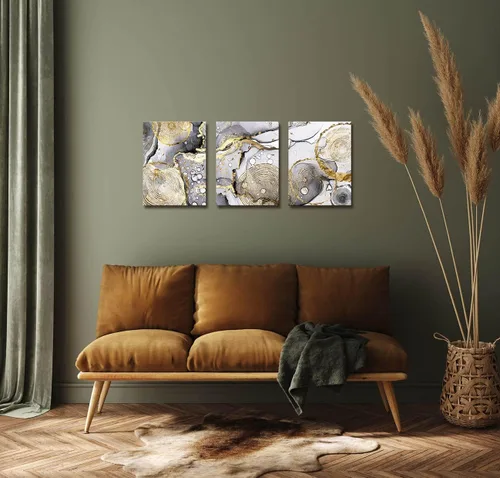 Miniatura 6 de Arte abstracto dorado para pared, 3 piezas, arte moderno enmarcado en blanco y negro, gris, oro, tinta fluida, anillos anuales, imágenes, lienzo
