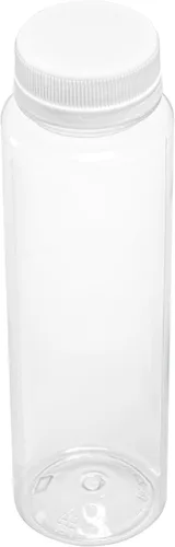 Botella de plástico transparente redonda de 8 onzas para jugo prensado en frío - con tapa de seguridad, libre de BPA - 5,7 x 5,7 x 24,8 cm - caja de