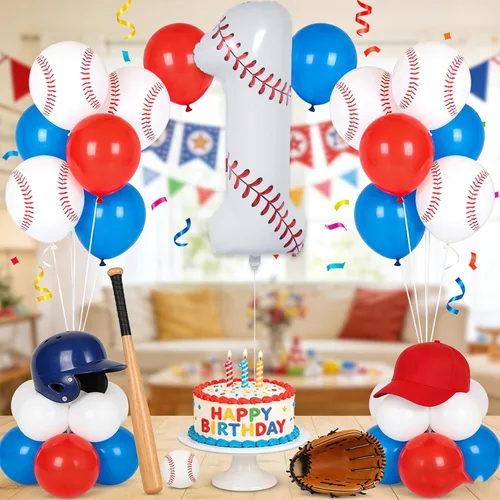 Miniatura 5 de Decoraciones de cumpleaños de béisbol, globo de béisbol número 1 de 40 pulgadas, globos temáticos deportivos para decoración de fiesta de primer