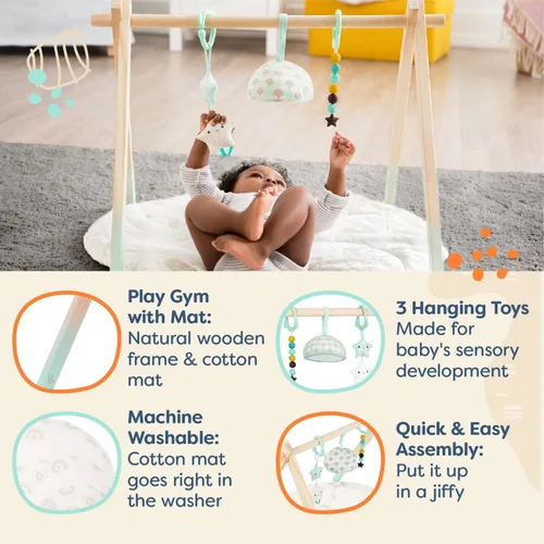 Miniatura 2 de B. toys Gimnasio de madera para bebés - Alfombra de actividades - Cielo estrellado - 3 juguetes sensoriales colgantes - Madera natural - Bebés, bebés