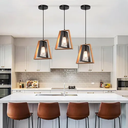 Miniatura 26 de Lámpara colgante estilo granja, luces colgantes negras para isla de cocina, luz colgante de metal industrial y madera vintage, lámpara de techo