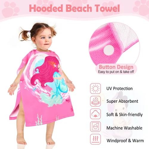 Miniatura 3 de HUANLANG Toalla de playa con capucha para niños y niñas, toalla de playa para baño, piscina, poncho de playa, toalla de algodón súper suave y Sirena