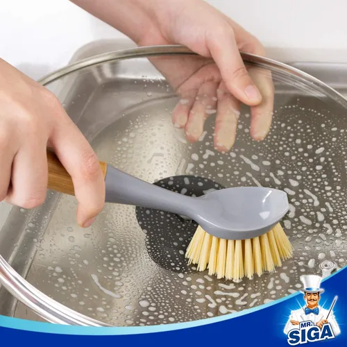 Miniatura 3 de MR.SIGA Cepillo para platos con mango de bambú, raspador incorporado, cepillo para fregar sartenes, ollas, limpieza del fregadero de cocina, paquete