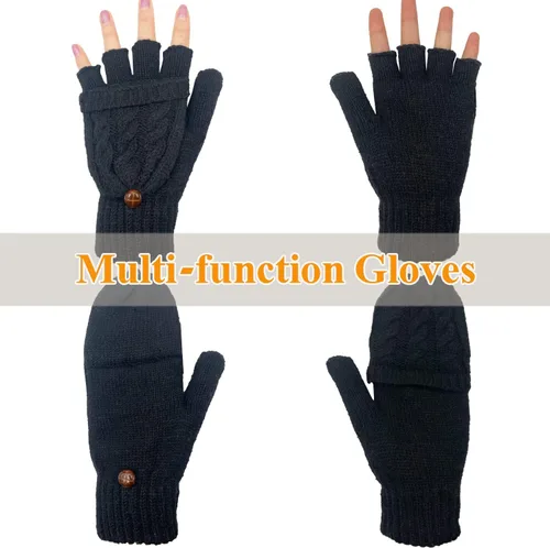 Miniatura 7 de Beurlike Guantes de invierno para mujer, de lana cálida, a prueba de viento, convertibles, sin dedos