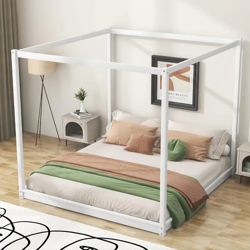 Miniatura 3 de Harper & Bright Designs Cama King con dosel de madera con 4 paneles de póster, marco de cama King con soporte de listones de madera maciza, cama