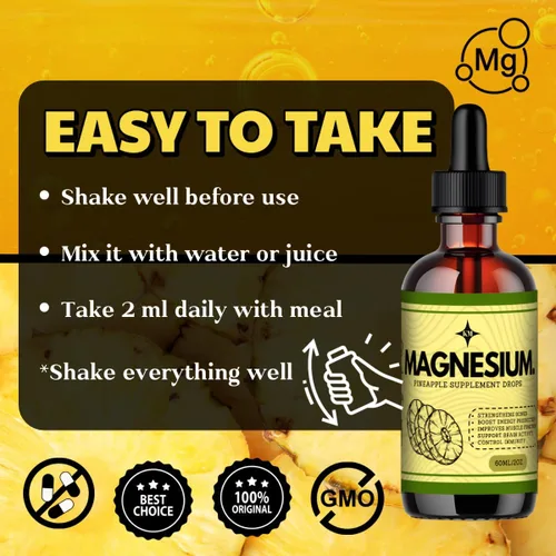 Miniatura 2 de Gotas líquidas de magnesio – Suplemento de magnesio líquido para nutrición diaria, alta absorción, sabor a piña sin azúcar, 2 onzas líquidas