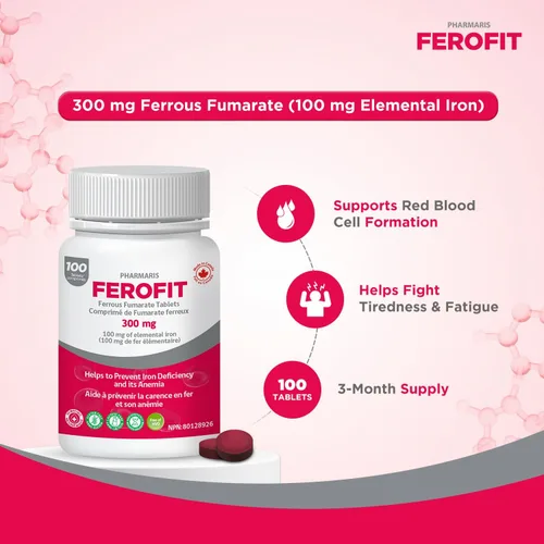 Miniatura 2 de Pharmaris Ferofit - Fumarato ferroso de 300 mg (100 mg de hierro elemental), previene la anemia debido a la deficiencia, suplemento de hierro