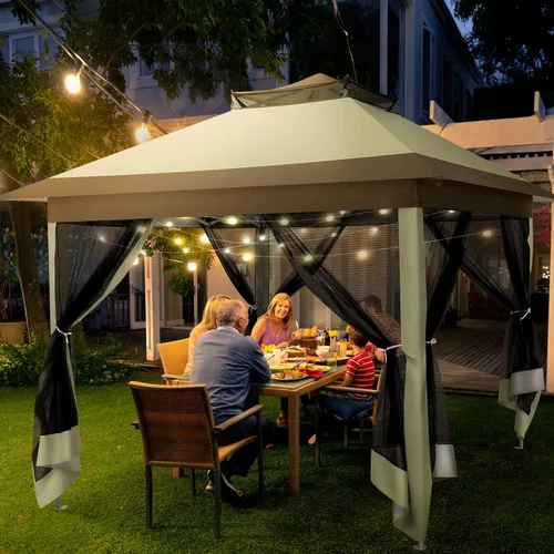 Miniatura 2 de COBIZI - Tienda desplegable de 3,66 x 3,66 metros en oferta - Cenador portátil de metal para exteriores con mosquitero, impermeable - Cenador Caqui
