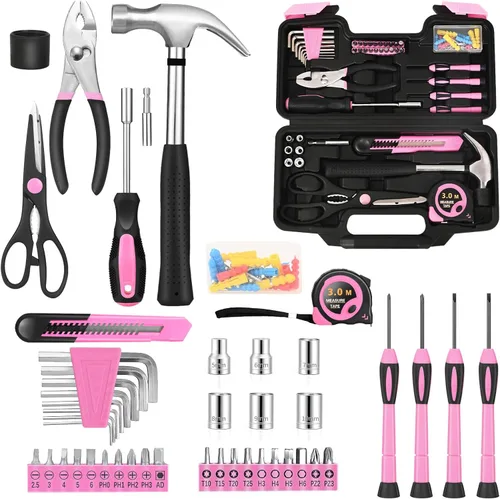Juego de herramientas para el hogar de 132 piezas, color rosa, kit de herramientas manuales para el hogar con caja de herramientas de plástico, Rosa