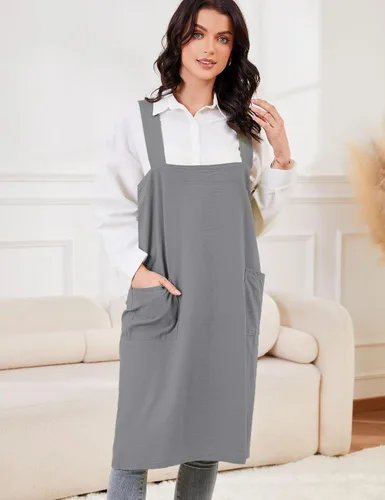 Miniatura 3 de Schine Pinafore de algodón con espalda cruzada para mujer, con bolsillos grandes, prácticos delantales para trabajos de jardinería, cocina, Gris