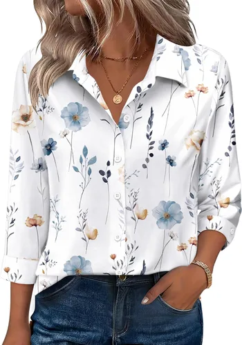 Zeagoo Camisas con botones para mujer, manga 3/4, cuello en V, blusas con cuello en V, trajes casuales de negocios