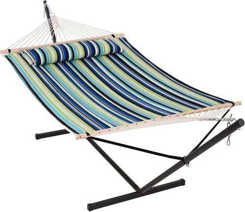 Miniatura 18 de ANOW Hamaca doble con combo de soporte de acero resistente de 12 pies, hamaca acolchada para 2 personas con soporte para exterior, capacidad