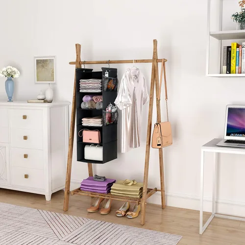 Miniatura 2 de MAX Houser Organizador de armario colgante de 5 estantes, ahorro de espacio, estantes colgantes de tela con 4 bolsillos laterales, plegable, negro