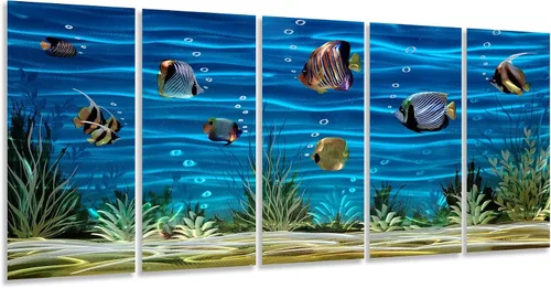 Miniatura 17 de SYGALLERIER Arte de pared abstracto de metal costero, hecho a mano, gran 3D, azul y plateado, ilustraciones modernas de olas de mar, escultura