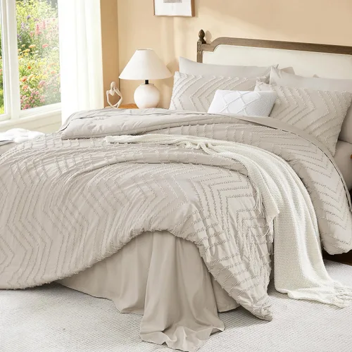 Miniatura 2 de Litanika Juego de ropa de cama con edredón tamaño King con sábanas beige - Juego de 7 piezas en una bolsa, diseño King Chevron copetudo bohemio