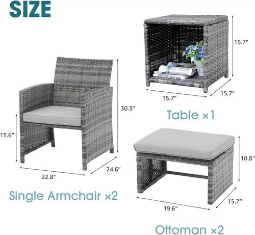 Miniatura 7 de OC Orange-Casual Juego de muebles de patio de 5 piezas, silla de conversación de mimbre para exteriores y juego de otomana con mesa de café, Gris