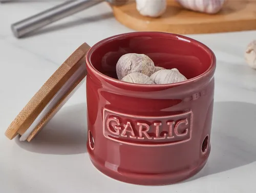 Miniatura 2 de ONEMORE Soporte de ajo con tapa, recipiente de cerámica para ajo de 4 pulgadas, rojo oscuro