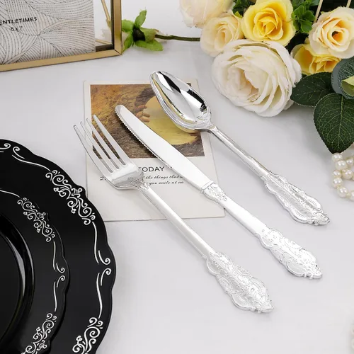 Miniatura 9 de DaYammi 150 platos de plástico negro plateado y cubiertos de plástico plateado, platos desechables de plata negra para incluir 30 platos llanos, 30