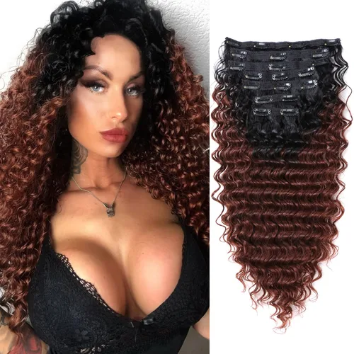 Miniatura 10 de Extensiones de cabello sintético rizado con clip de doble trama, resistencia al calor, onda profunda gruesa, con clip, 7 piezas