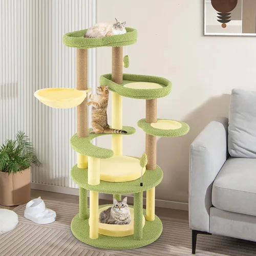 Miniatura 9 de PETSITE Árbol para gatos con temática de aguacate de 51 pulgadas, torre moderna de varios niveles con postes rascadores de yute, juguete colgante
