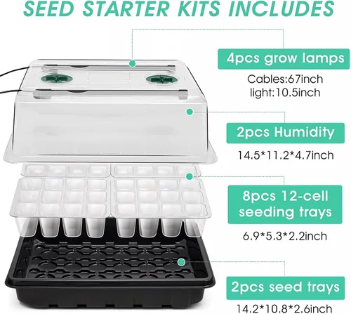 Miniatura 6 de Bandeja para inicio de semillas con luz de crecimiento, kit de 96 celdas, bandejas de inicio de plántulas con cúpulas de humedad, temporizador