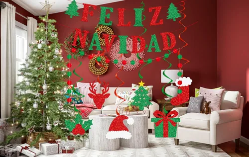 Miniatura 5 de Cartel de Feliz Navidad – Cartel de Navidad mexicana española, decoraciones de purpurina roja y verde para el hogar, mantel de fiesta (premontado)