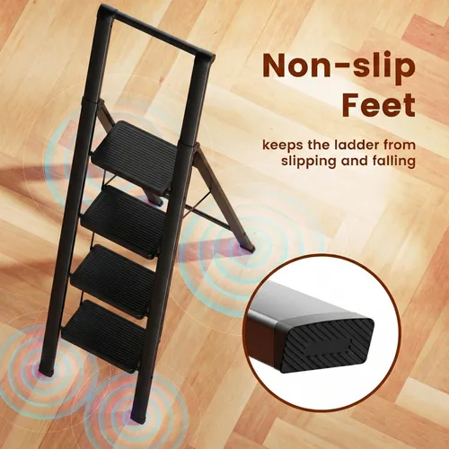 Miniatura 5 de Escalera Plegable de Hierro de 4 Escalones Taburete Escalón con Antideslizante y Pedal Ancho para Uso en el Hogar y la Cocina Ahorro de Espacio Negro