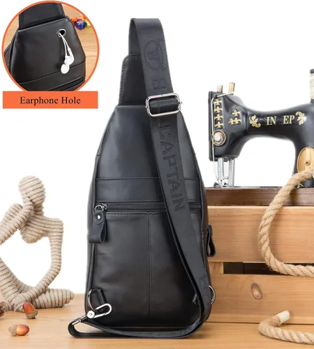 Miniatura 5 de BULLCAPTAIN Bolso bandolera de cuero genuino para hombre bandolera con soporte para teléfono celular cadena en el pecho mochila de hombro XB-520 M