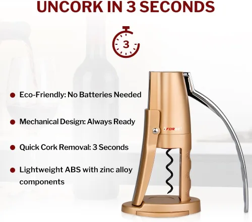 Miniatura 4 de Forge Sacacorchos de Palanca Vertical Compacta de Calidad con Cortador de Papel de Aluminio. 3 Segundos para Abrir una Botella de Vino. Oro Champán.