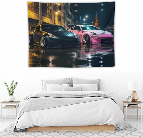 Miniatura 5 de FeoYoed Jdm - Tapiz japonés para automóvil, 350z, color negro y rosa, para estacionar, estación lluviosa, calle, pared, arte de pared