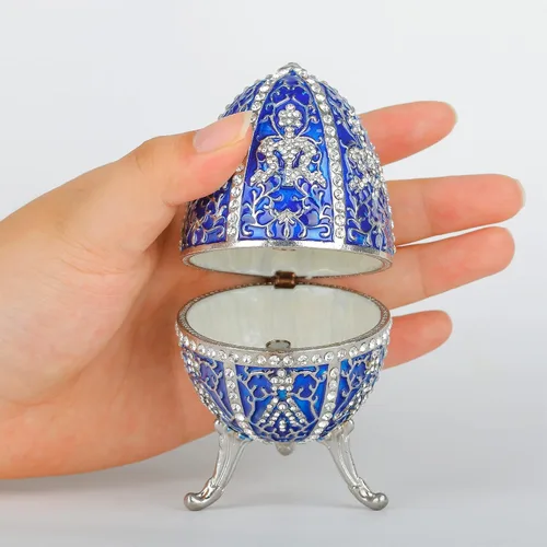 Miniatura 4 de Huevo de Faberge azul con más de 600 mini cristales de diamantes de imitación esmaltados de Faberge, cajas de joyería decorativas con bisagras