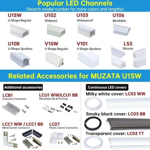 Miniatura 6 de Muzata Paquete de 6 canales LED de aluminio negro en forma de U de 3.3FT/1M con cubierta negra ahumada transparente fácil instalación U1SW BB 1M