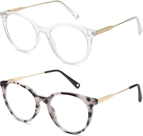 Miniatura 3 de AMOMOMA Anteojos de lectura redondos retro para mujer, lindos y elegantes con bloqueo de luz azul, AM6055, transparente/dorado y gris tortuga/dorado