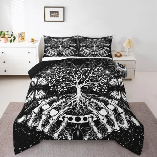 Erosebridal Juego de ropa de cama de polilla de la muerte, juego de edredón bohemio de 3 piezas con diseño de árbol de la vida, edredón elegante de