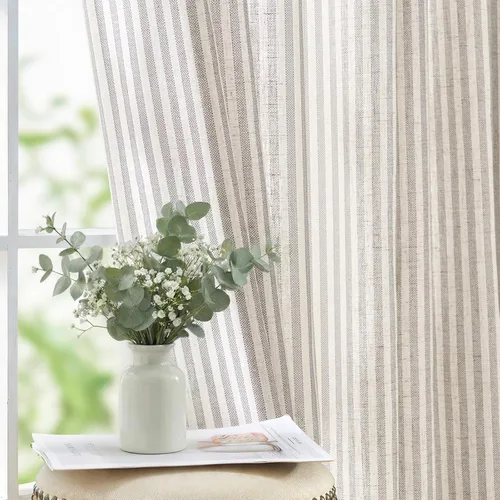 Miniatura 20 de JINCHAN Cortinas de lino para sala de estar o dormitorio, con estampado a rayas verde salvia sobre beige, rayas delgadas que filtran la luz