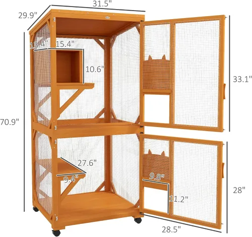 Miniatura 3 de Casa grande para gatos con caja de descanso alta, catio de madera de 71 pulgadas con techo de asfalto, recinto para gatos en interiores y exteriores