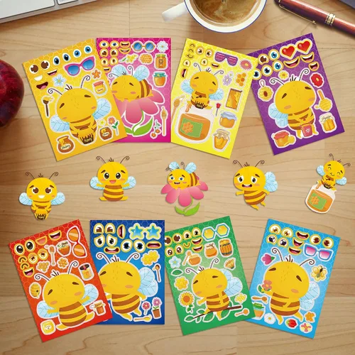 Miniatura 6 de 24 hojas de calcomanías de abeja para hacer una cara, lindos juegos de fiesta de animales, calcomanías para mezclar y combinar, haz tus propias vaca