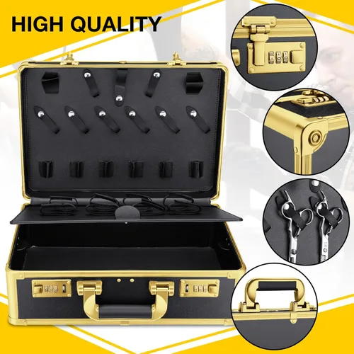 Miniatura 3 de Noverlife Estuche de transporte de peluquero dorado con bloqueo de contraseña, 16 x 11 x 6 pulgadas, caja de almacenamiento de herramientas de corte