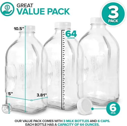 Miniatura 2 de Stock Your Home Botella de leche de vidrio de medio galón con tapa (paquete de 3) jarras de 64 onzas y 6 tapas blancas, contenedor de leche