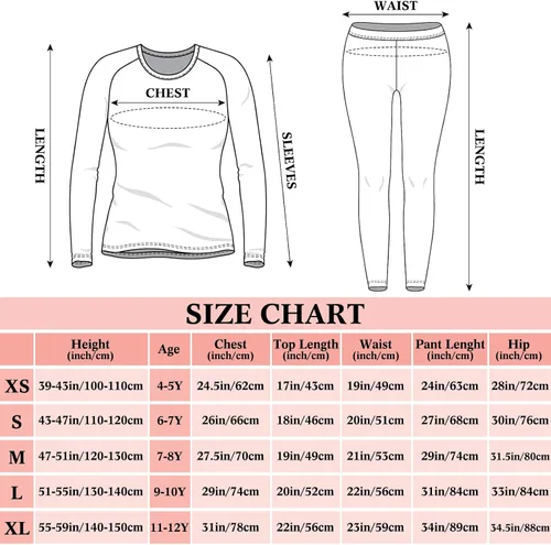 Miniatura 6 de Conjunto de 3 ropa interior térmica para niñas, suave, largo, para invierno, parte superior e inferior con forro polar y capa base para niñas