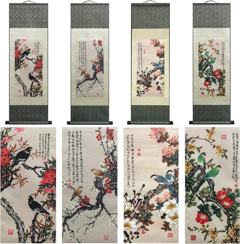 Miniatura 42 de AtfArt Decoración asiática de pared, hermosa pintura de pergamino de seda, 4 flores de hombre justo, orquídea ciruela, bambú, crisantemo, decoración