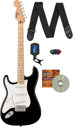 Paquete Fender Squier Sonic Stratocaster para zurdos, color negro, con afinador, correa, púas y DVD de guitarra Austin Bazaar Negro zurdo