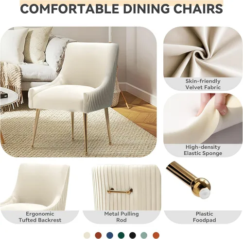Miniatura 6 de Juego de 2 sillas de comedor, modernas sillas tapizadas para cocina, comedor con patas doradas, sillas de tela de terciopelo copetudo para sala