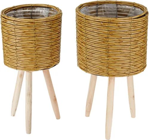 Miniatura 6 de Juego de 2 cestas tejidas para macetas con forro de plástico y 3 patas de madera, flores, juguetes de granja rústica (tejido grueso)
