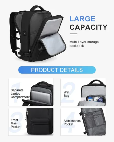 Miniatura 4 de VECAVE mochila para laptop de viaje, mochila para llevar en vuelos, mochila casual para deportes y universidad, A-Negro, Pequeño, Mochilas de viaje
